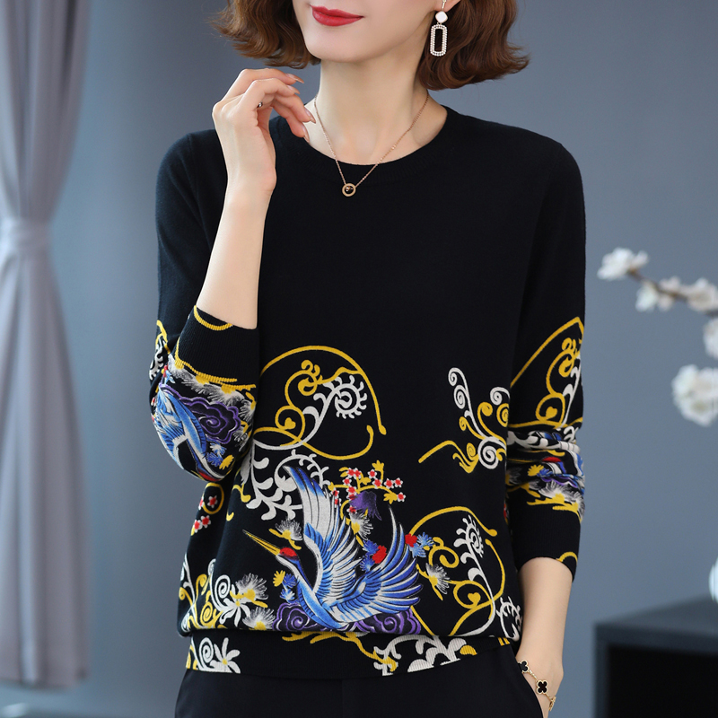 YISU 2021 Wool Knitted Sweater Women Spring Autumn O-neck Long Sleeve Loose Jumper Pullover Tops Phoenix Printing Sweaters Women alx