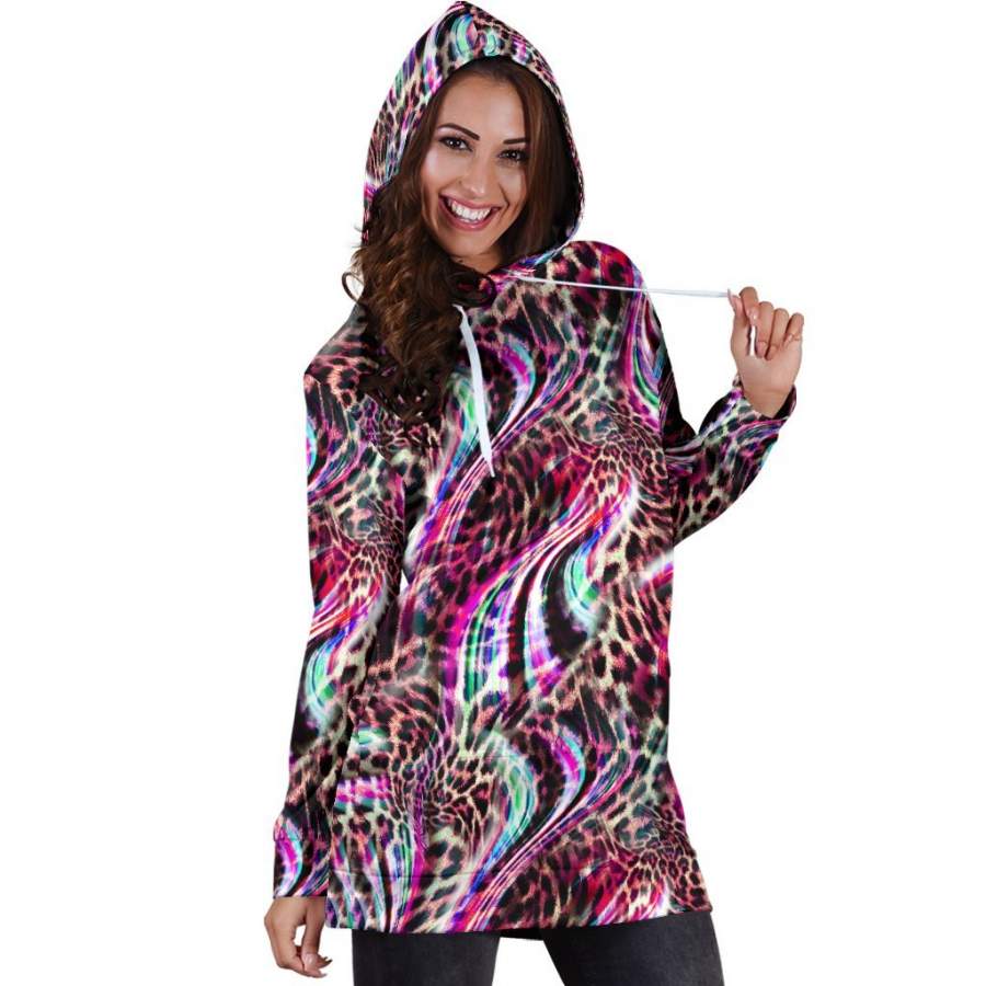 Abstract Leopard Rainbow Print Extra Long Ladies Hoodie