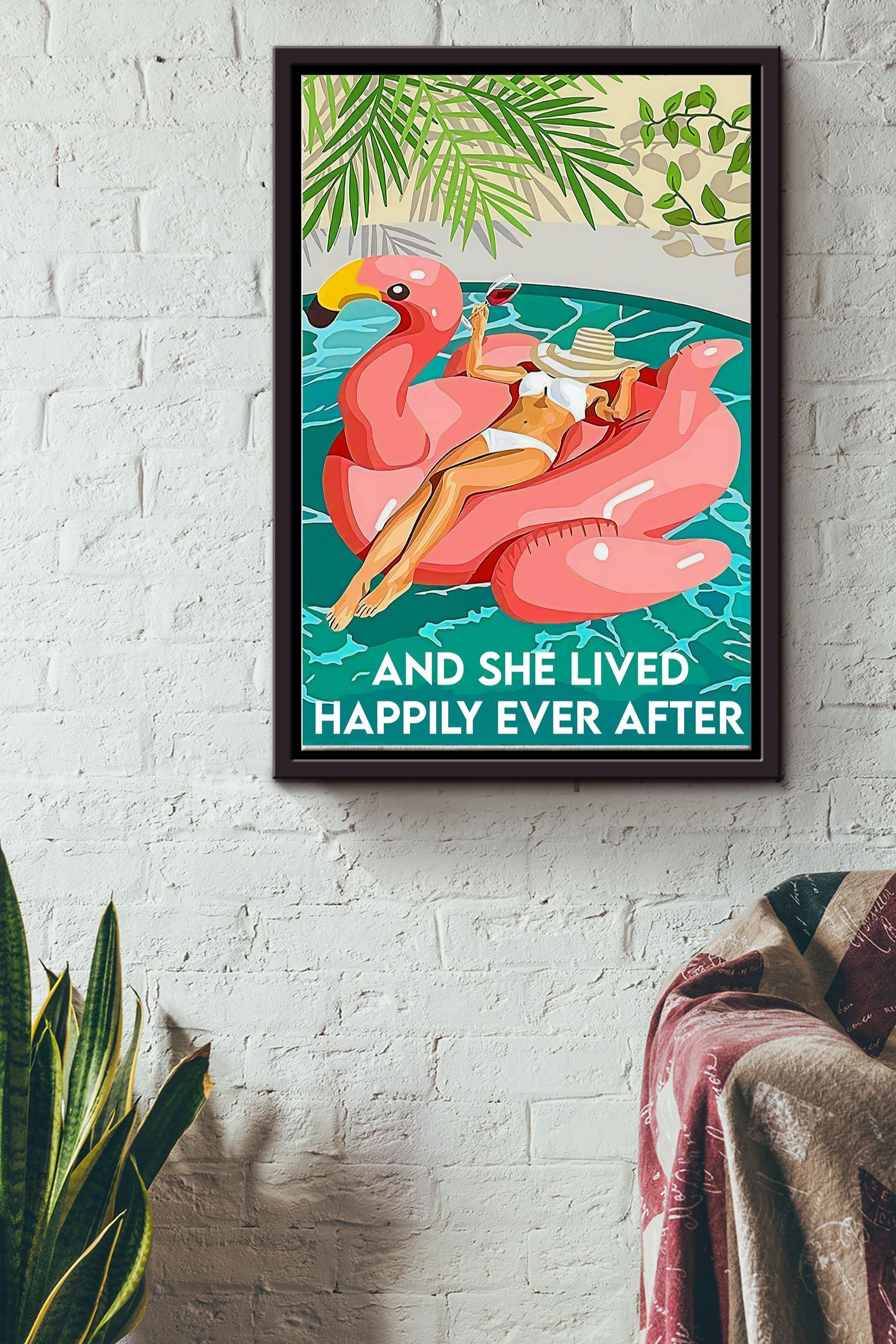 And She Lived Happily Poster – Travel Wall Art – Gift For Tourist, Wine Lover, Home Decor Framed Matte Canvas