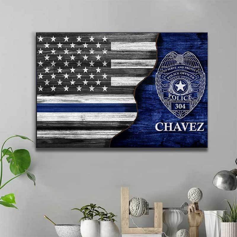 [Personalized Name] Half Thin Blue Line Flag With Police Badge  – Gift For Home Decor, Best Gift Idea – Canvas Print