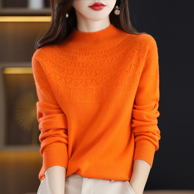 2022 Spring And Autumn New 100% Pure Wool Knitted Women’s Pullover Half Turtleneck Sweater Solid Color Long-Sleeved Loose Top alx