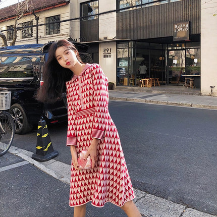 2020 Autumn Winter Sweet Red Ladybug Print Women Knitted Dress Runway Designer Long Sleeve Female Party Sweater Dresses Clothes alx