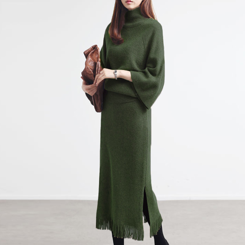 Turtleneck Sweater Skirt Two Pieces Suits Women Autumn Winter 2022Elegant Loose Knit Pullover+Side Split Midi Fringed Skirts Set alx