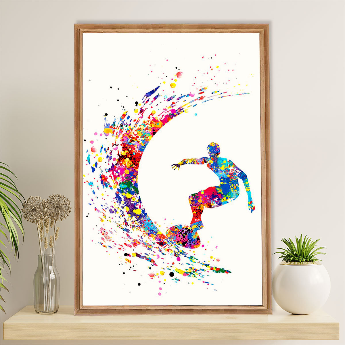 Water Surfing Canvas Wall Art Prints | Watercolor Man Surfer | Home Décor Gift For Beach Surfer