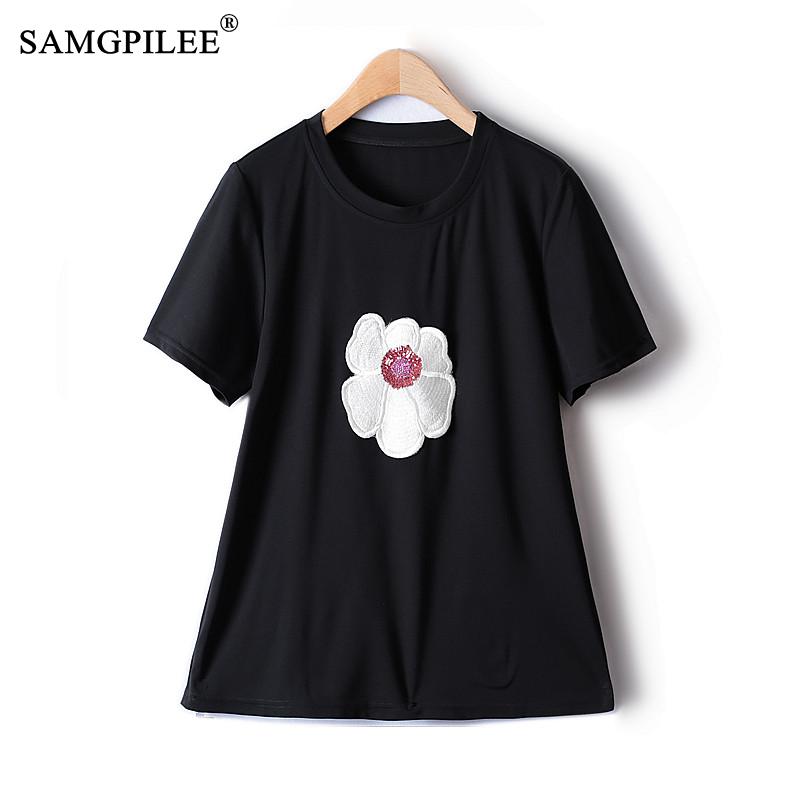 Summer Oversized T-shirts Women Embroidered Flowers Giant Thin O Neck Stretch Straight Things Short Sleeve Kawaii Top Female 4XL alx