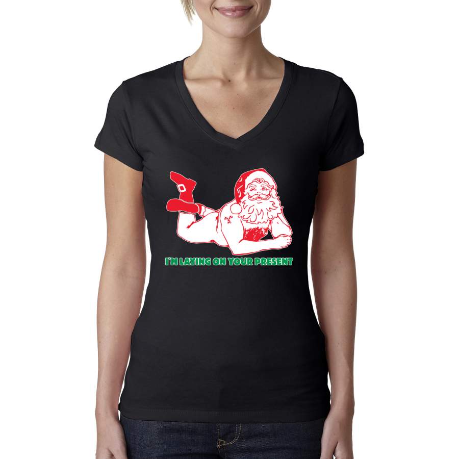 Sexy Santa Im Laying on your Present Ugly Christmas Christmas Womens Junior Fit V-Neck Tee