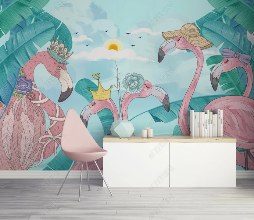 3D Tropical Leaf Animal Flamingo Wall Mural Wallpaper Lqh 119