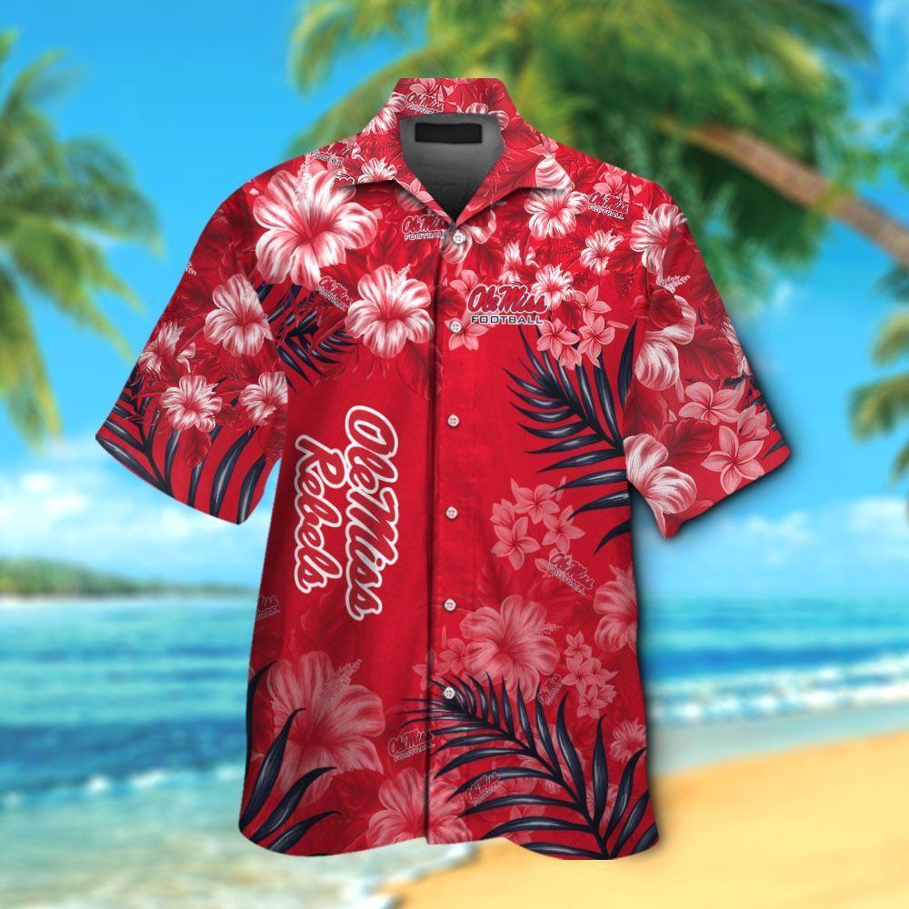 NCCA Ole Miss Rebels Red Flowers Leaves Hawaiian Shirt