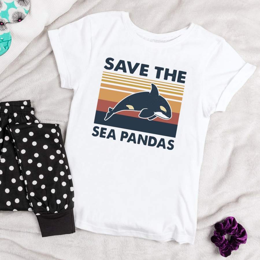 Whale Save The Sea Pandas Vintage White Cotton T Shirt For Men and Women S-6XL Gift