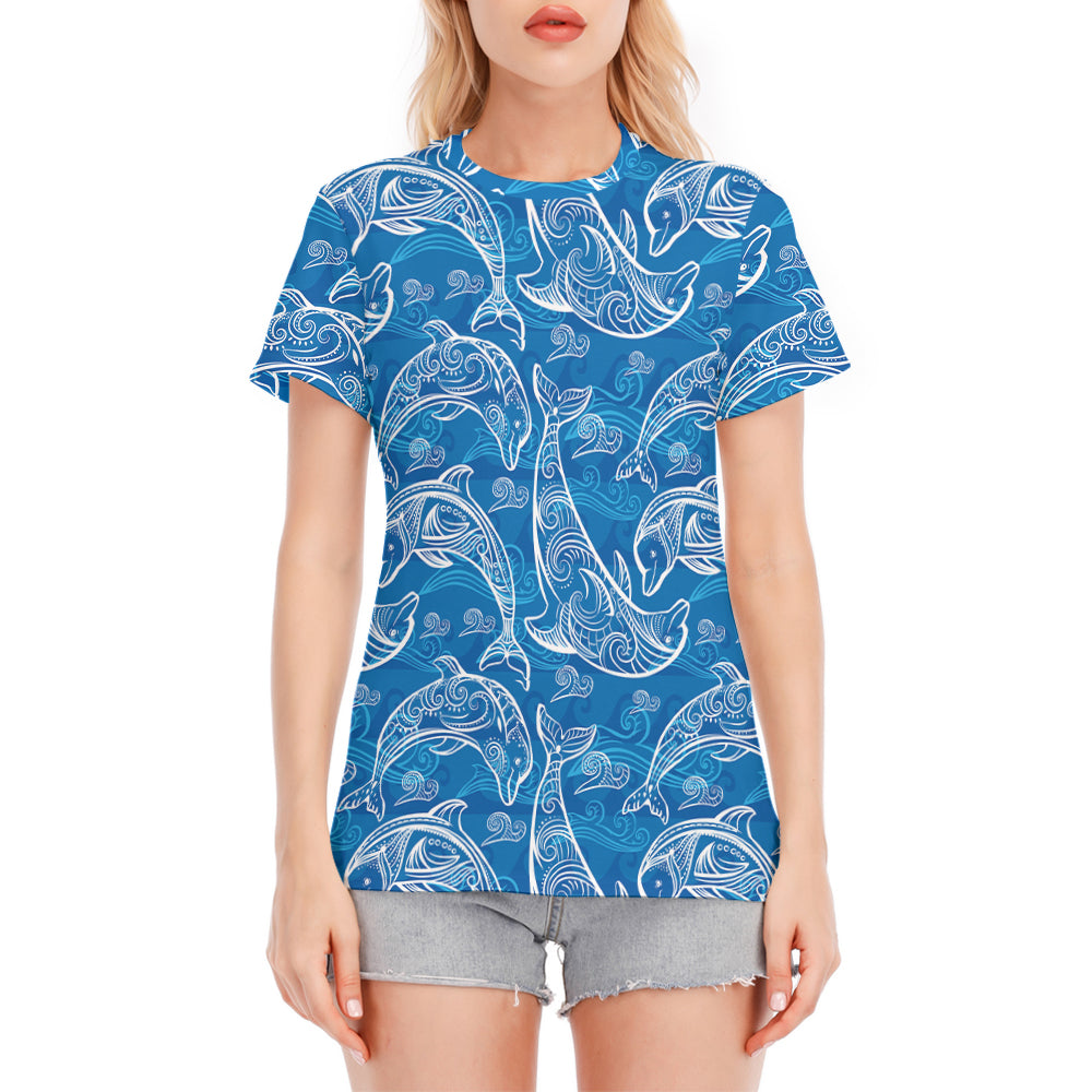 Blue Dolphin Pattern Round Neck T-Shirt