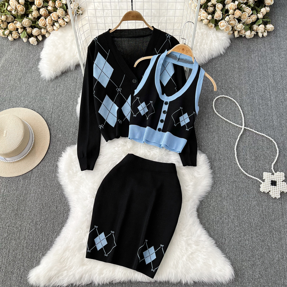 Three-piece Women Knitted Cardigan + Crop Vest Tops + Skirt Autumn 2022 Sweater Short Skinny Y2k Streetwear Sexy Female Suit alx