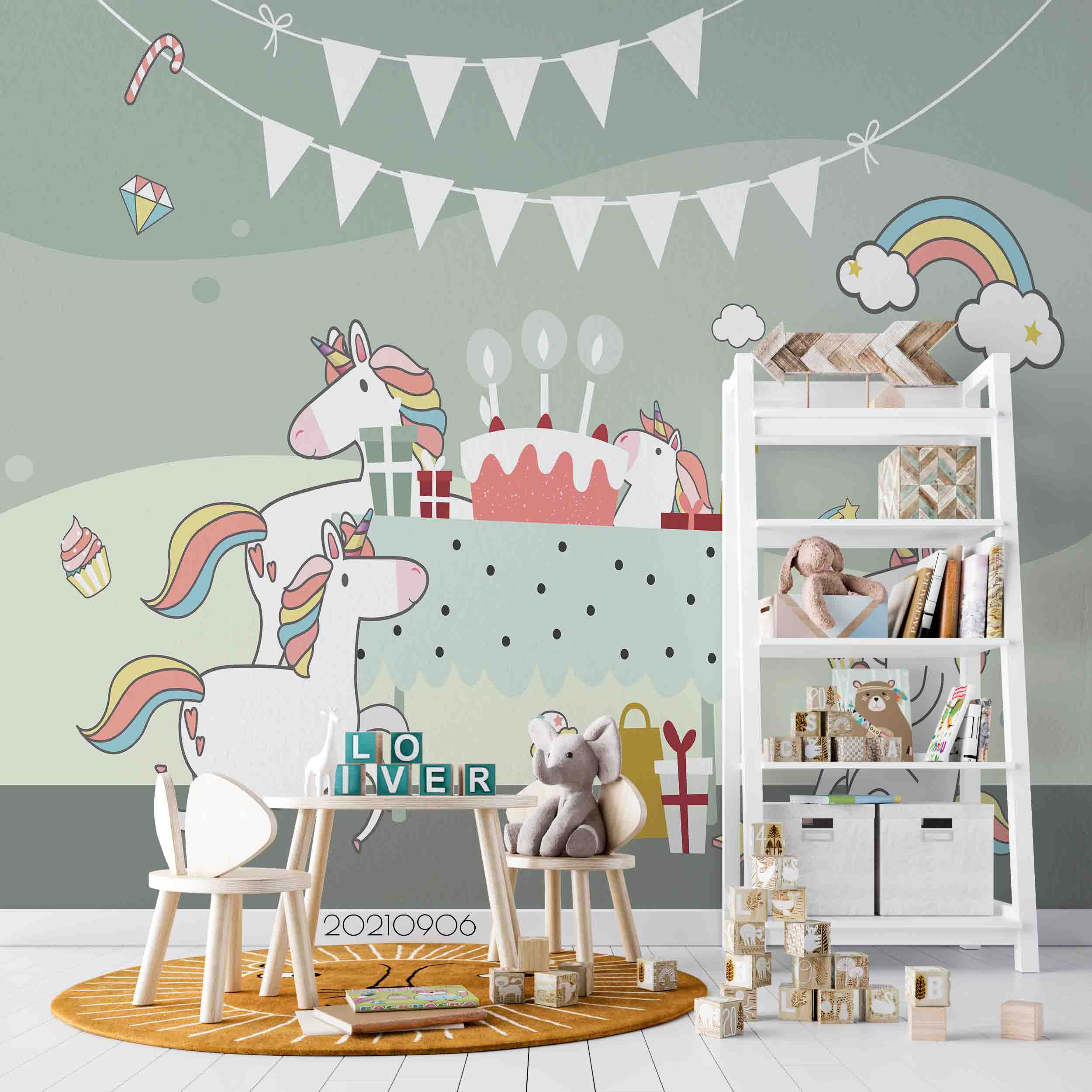 3D Cartoon Animal Unicorn Rainbow Cake Wall Mural Wallpaper Lqh 618