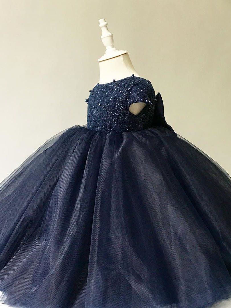 2022 Navy Blue Pearls Flower Girl Dresses Backless Tulle Little Girl Wedding Dresses Cheap Communion Pageant Dresses Gowns alx