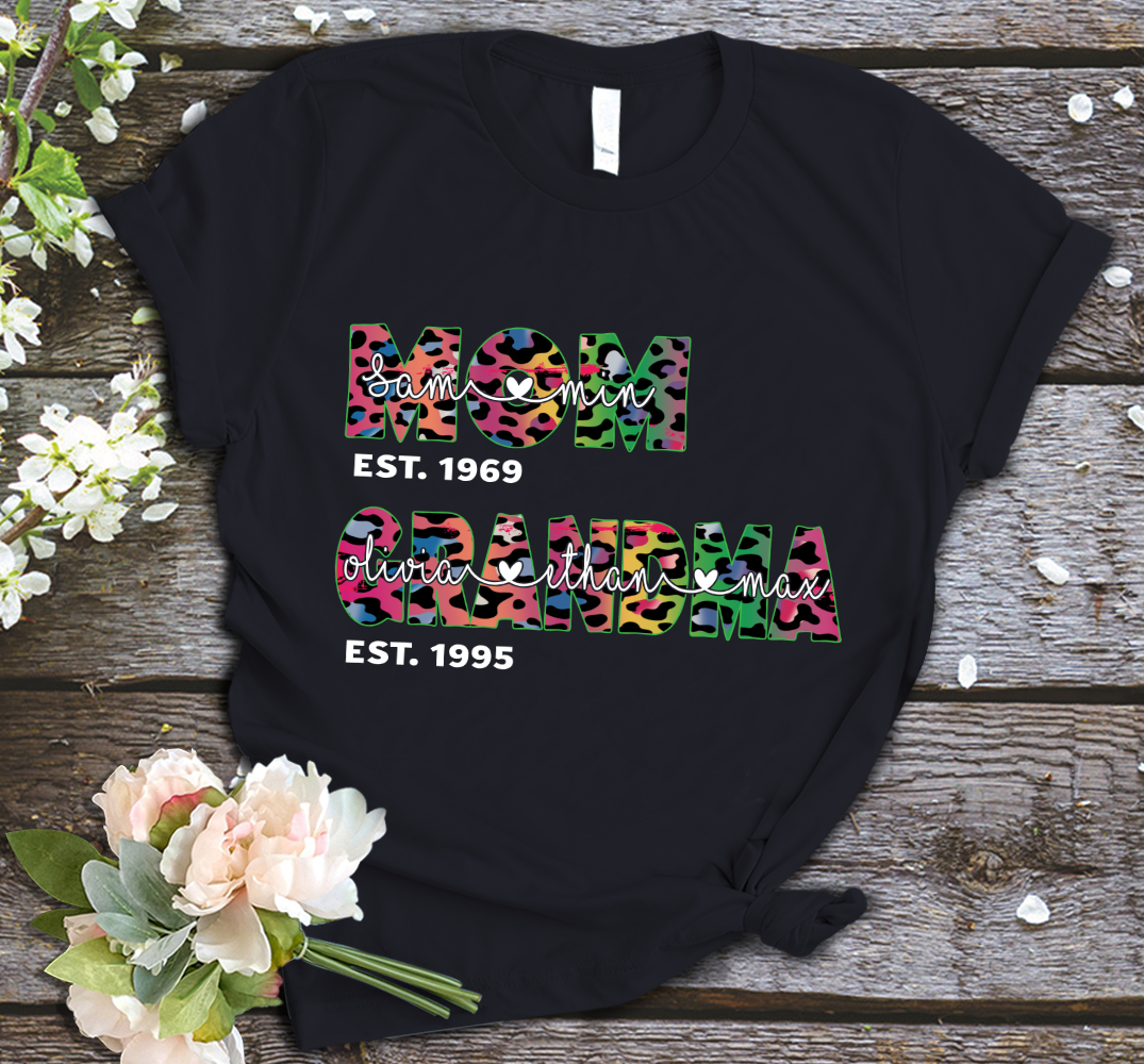 Personalized Mom Grandma Est Year With Kids & Grandkids Leopard Shirt