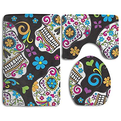 Sugar Skulls Black 3-Piece Soft Bath Rug Set Includes Bathroom Mat Contour Rug Lid Toilet Cover Home Decorative Doormat