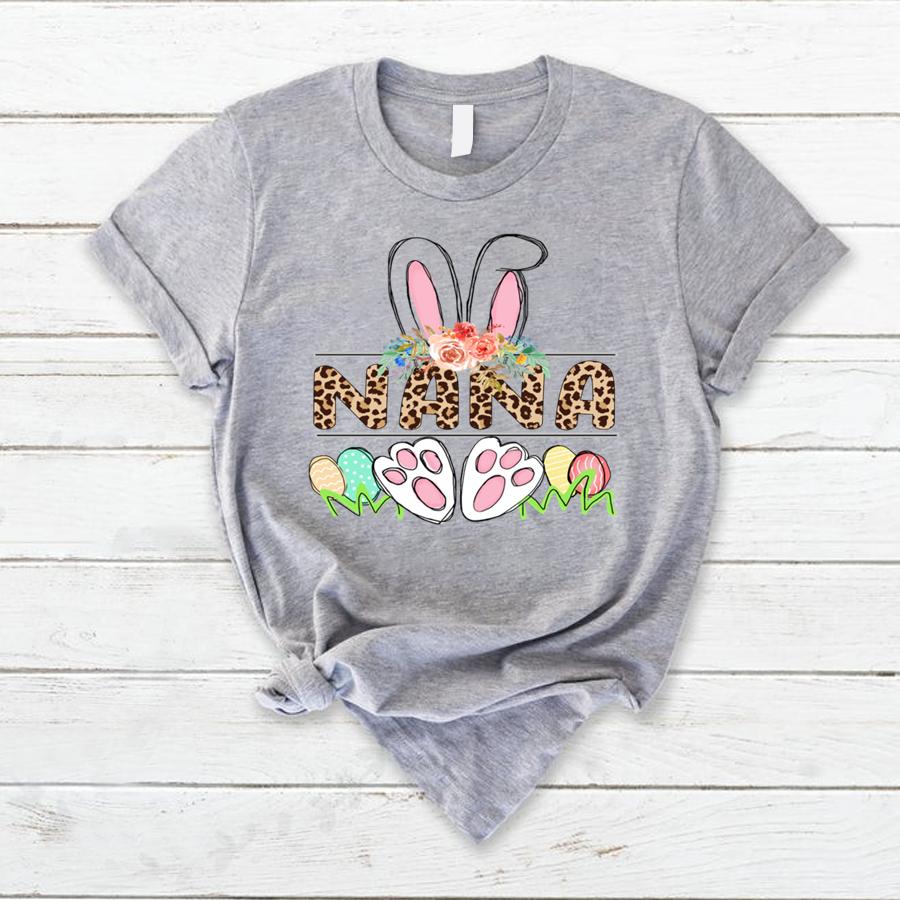 Nana Leopard With Grandkids Bunny Colorful Eggs S For Easter Day Family Customize Personalized T-Shirt, Hoodie Adult, Kid, Unisex