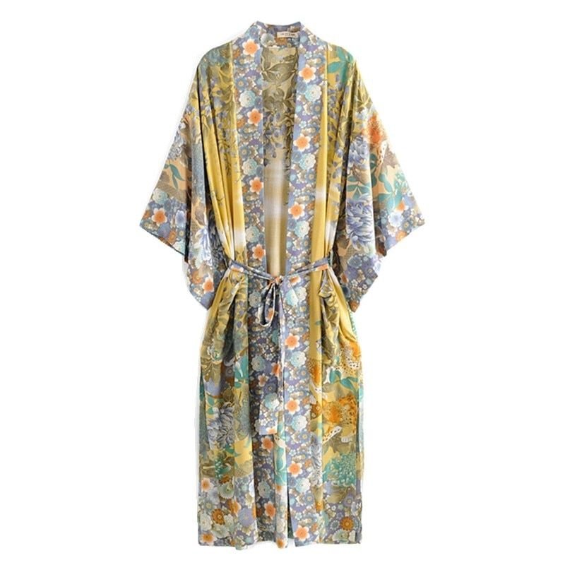 Bohemian V neck Tiger Flower Print Long Kimono Shirt