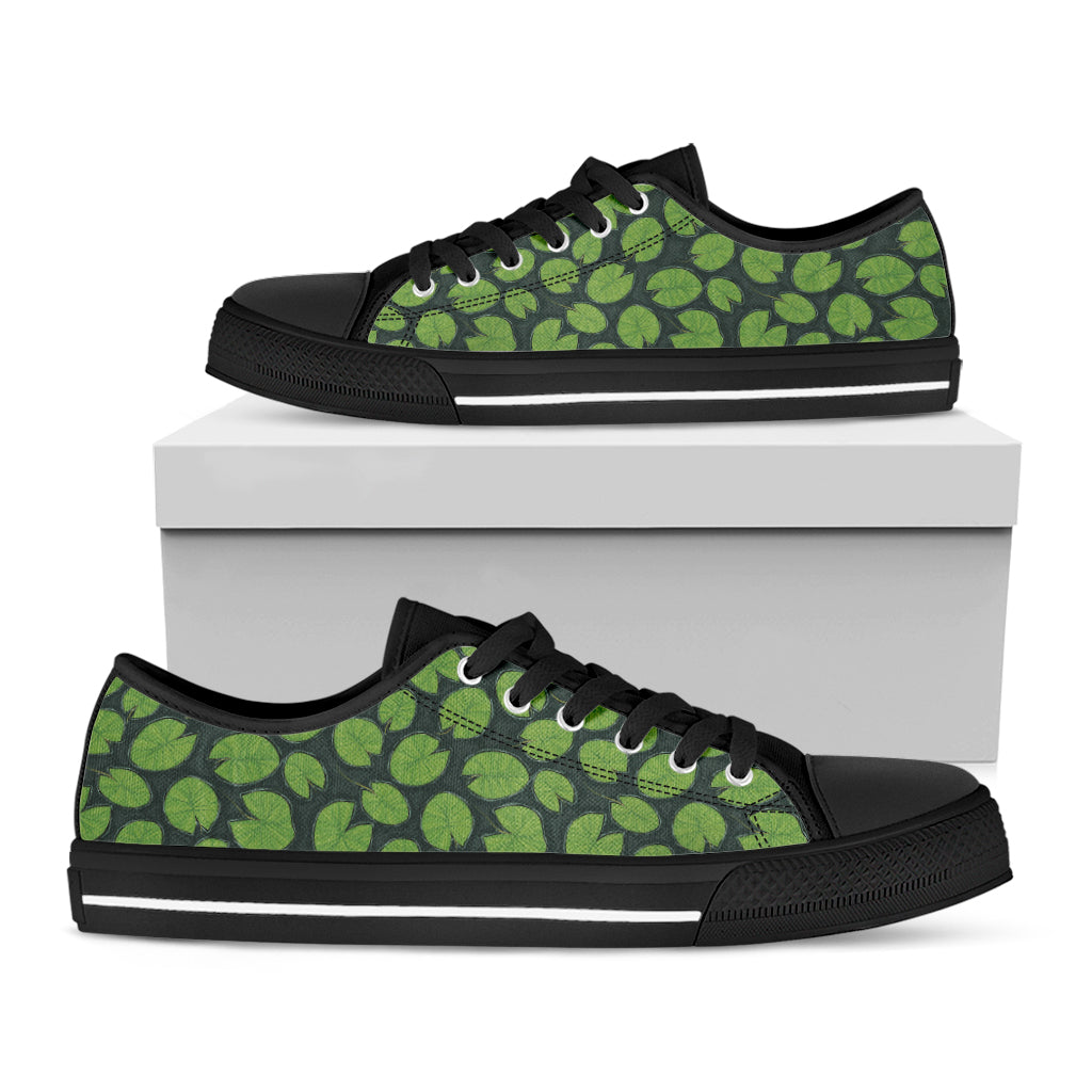 Water Lily Pads Pattern Print Black Low Top Shoes