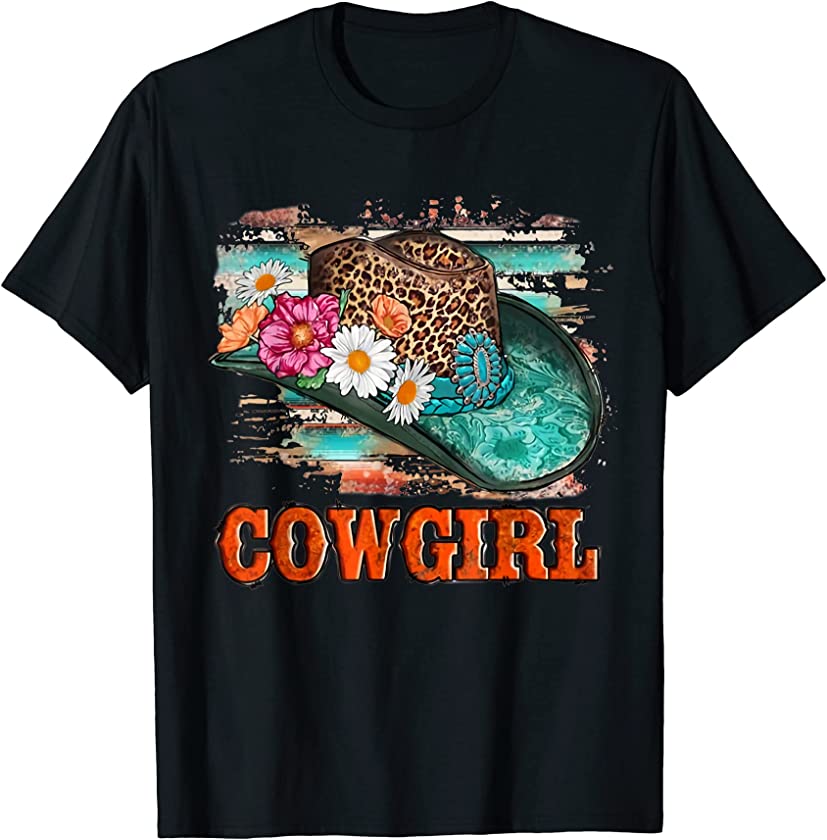 Western Country Leopard Turquoise Cowboy Hat Cowgirl T-Shirt