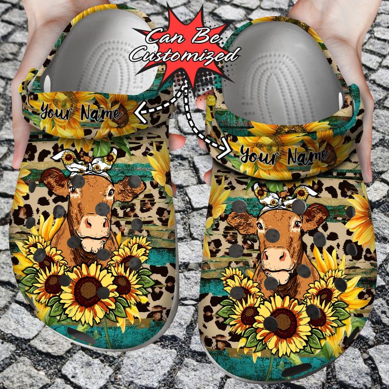 Custom Cute Cow Rustic Sunflower Tea Wood Leopard Clog Shoes