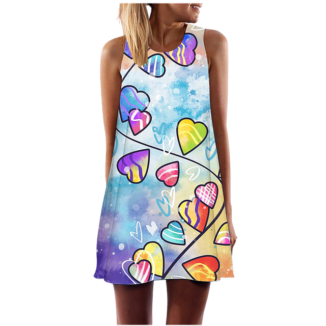 Summer Love Heart Print Tunic Tank Mini Dress Hip Hop Women’s Party Beach Sundress Loose O-Neck A-Line Sleeveless Dress Vestidos alx