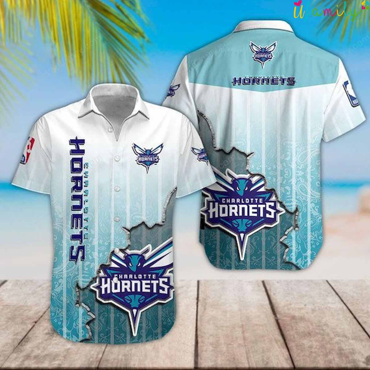 NBA Charlotte Hornets White Teal Scratch Hawaiian Shirt