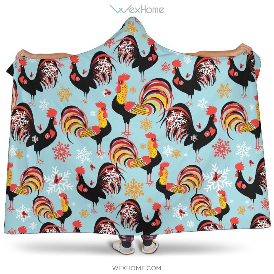 Rooster Chicken Cock Snowfalke Hooded Blanket