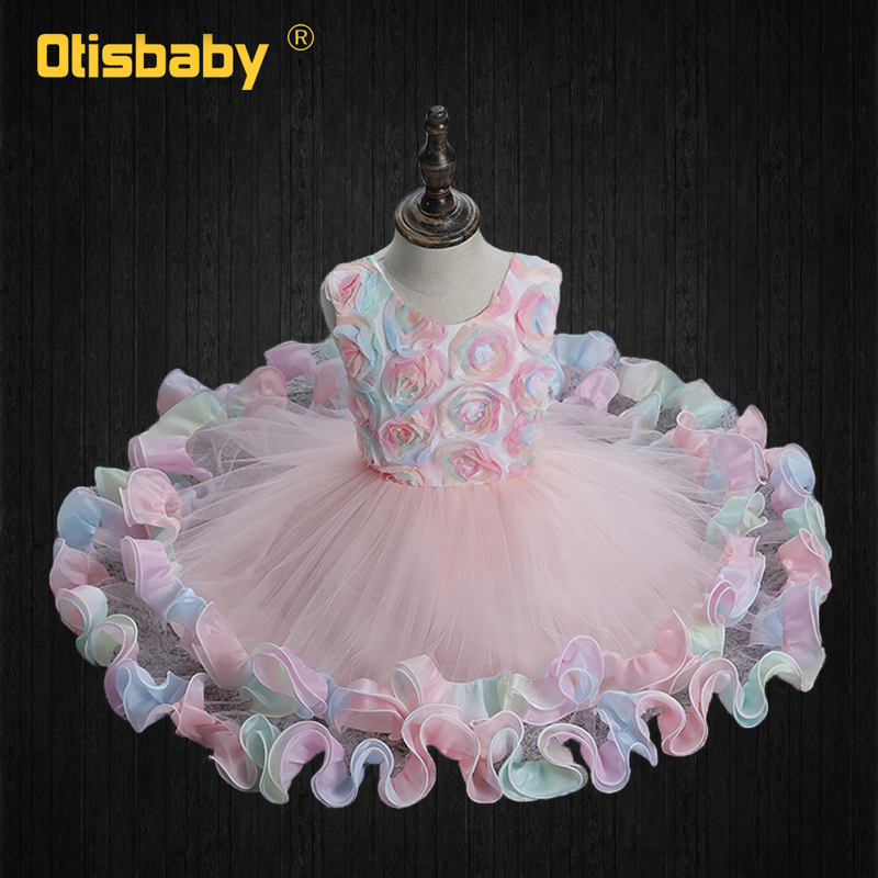 Summer Style 2-10 Year Girl Sleeveless Rainbow 3D Flowers Ruffle Dress Child Voile Ball Gown Kids Holiday Birthday Party Dresses alx