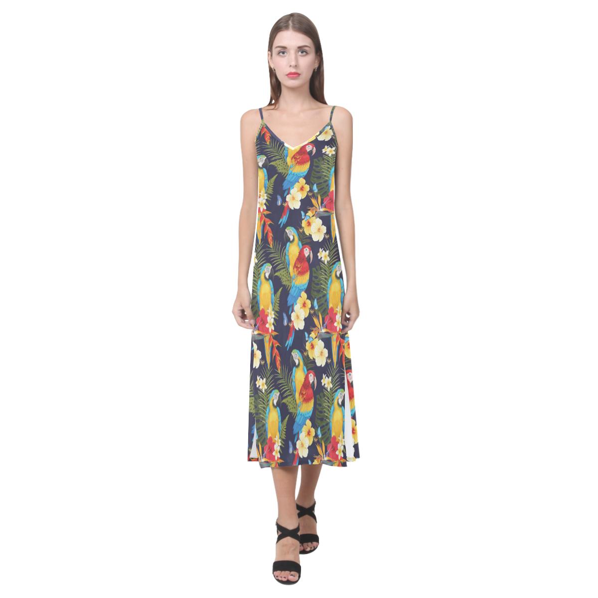 Colorful parrot flower pattern V-Neck Open Fork Long Dress