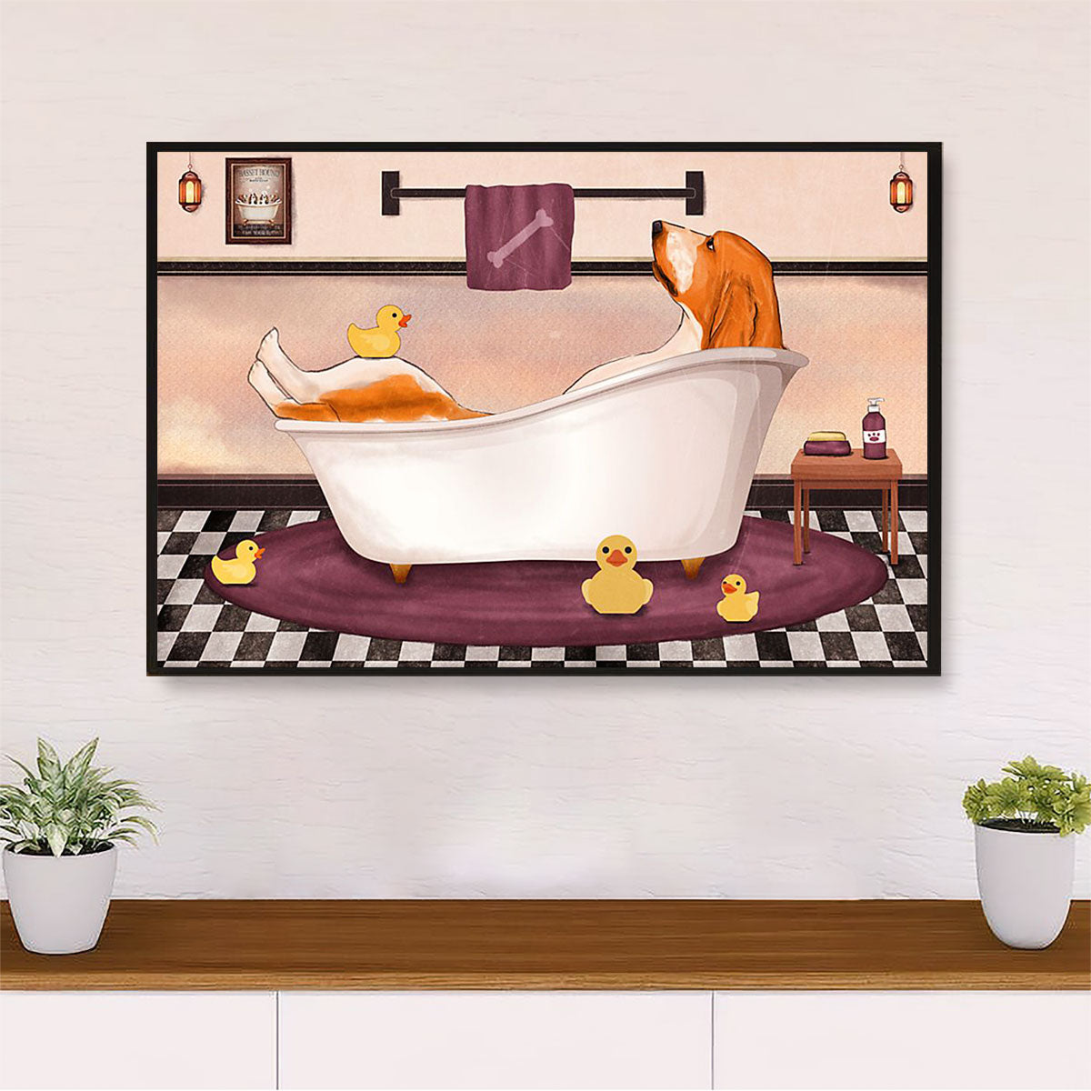 Basset Hound Canvas Wall Art | Funny Dog In Bath | Home Décor Gift For Miniature Puppies Lover