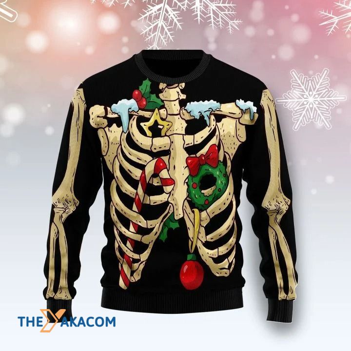 Skeleton With Candy Cane And Crown On Gift For Christmas Ugly Christmas Sweater