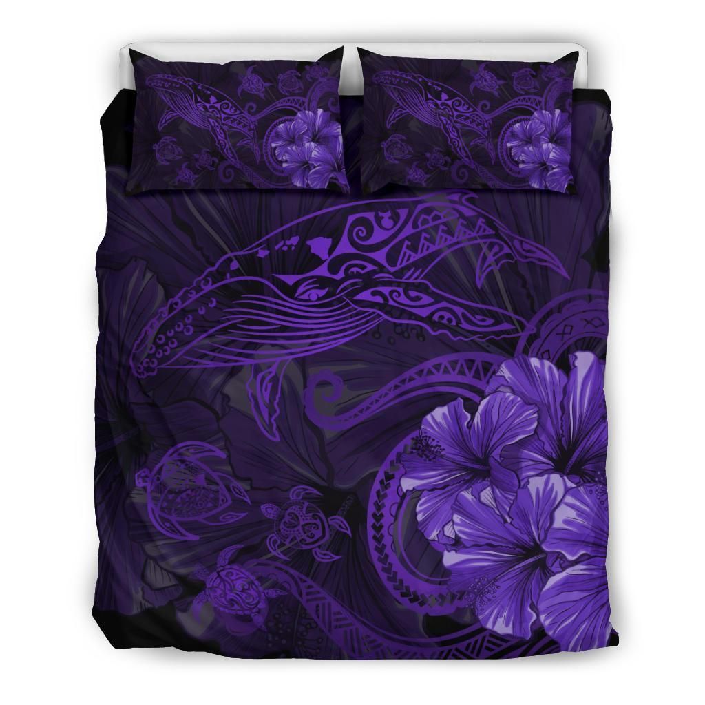 Alohawaii Bedding Set – Cover And Pillow Cases Hawaiian Hibiscus Whale Turtle Dance  Polynesian – Purple – Ah J9