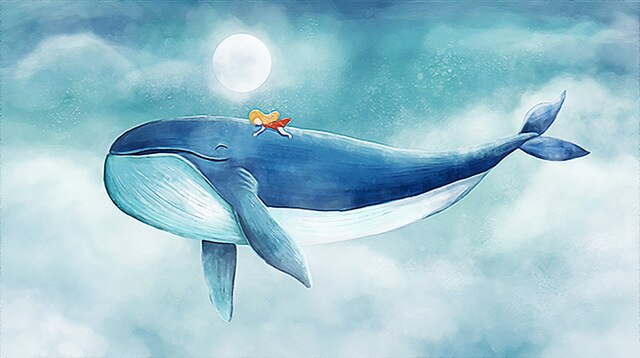 Blue Whale and Kid Anime Canvas Painting Modern Cartoon Seascape Posters and Prints Home Decor Cuadros Wall Picture for Kid Room alx