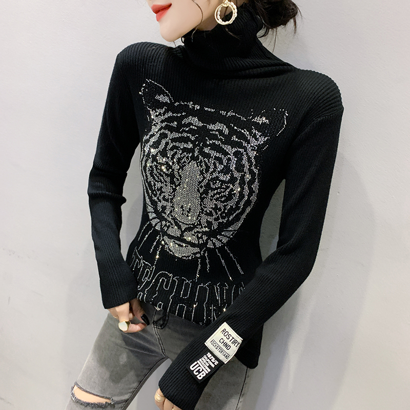 2022 New Knitted Clothes Leopard Head Red Sweater Women Luxury Hot Rhinestone Diamond Sweatshirt Female Streetwear alx