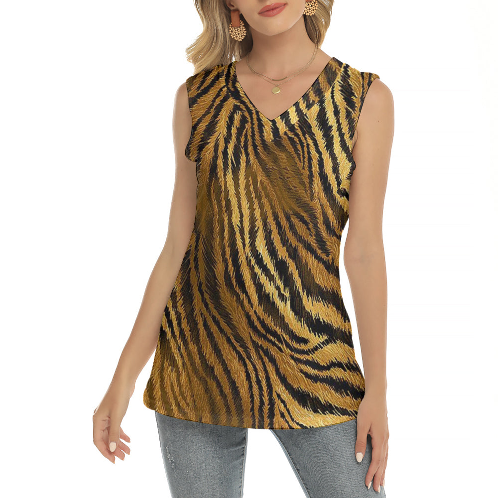 Tiger Skin Print Sleeveless V-Neck T-Shirt