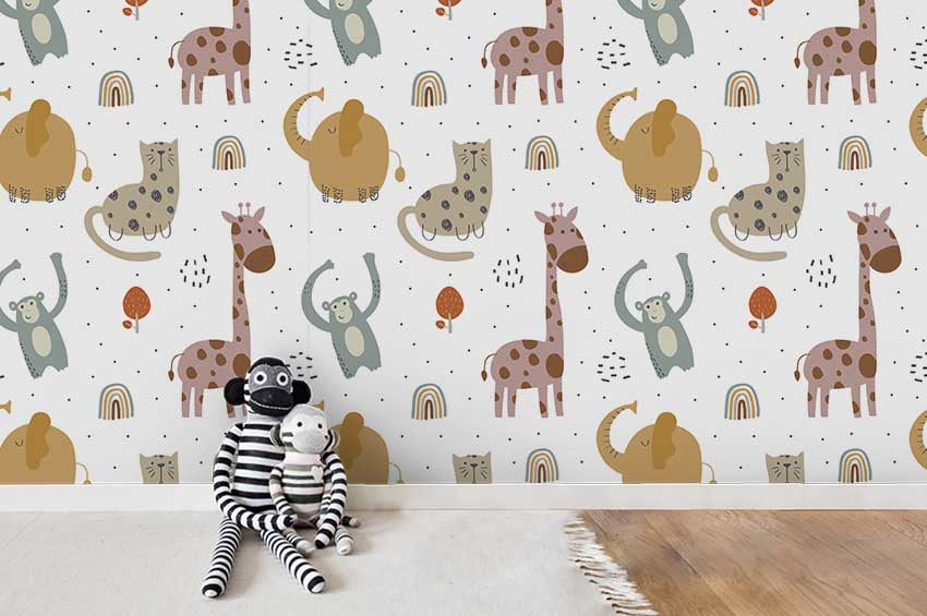 3D Color Cartoon Animals Giraff Monkey Elephant Wall Mural Wallpa 56