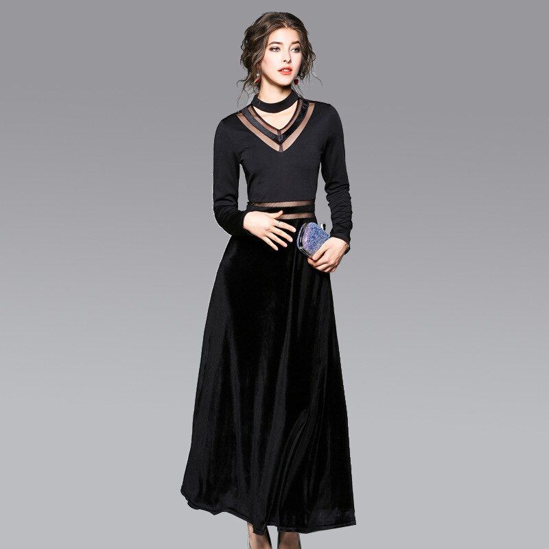 Vintage Slim Female Maxi V-Neck Long Sleeve Velvet Party Dresses