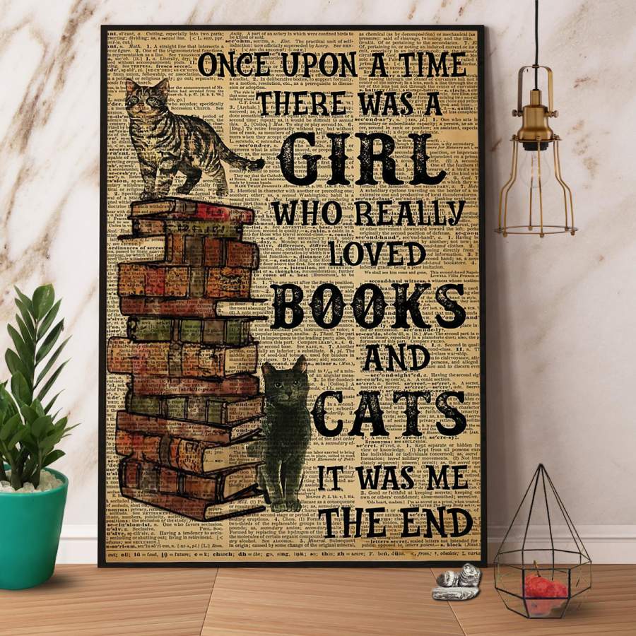 Kitten once upon a time a girl loved books and cats paper poster no frame/ wrapped canvas wall decor full size