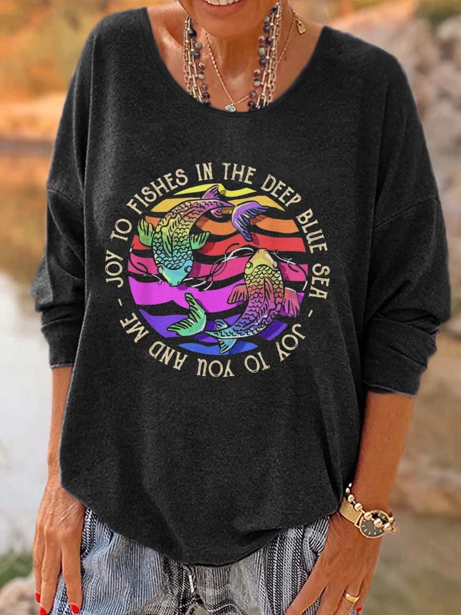 Women Hippie Joy To The World And Fishes Printed Long Sleeve T-Shirt