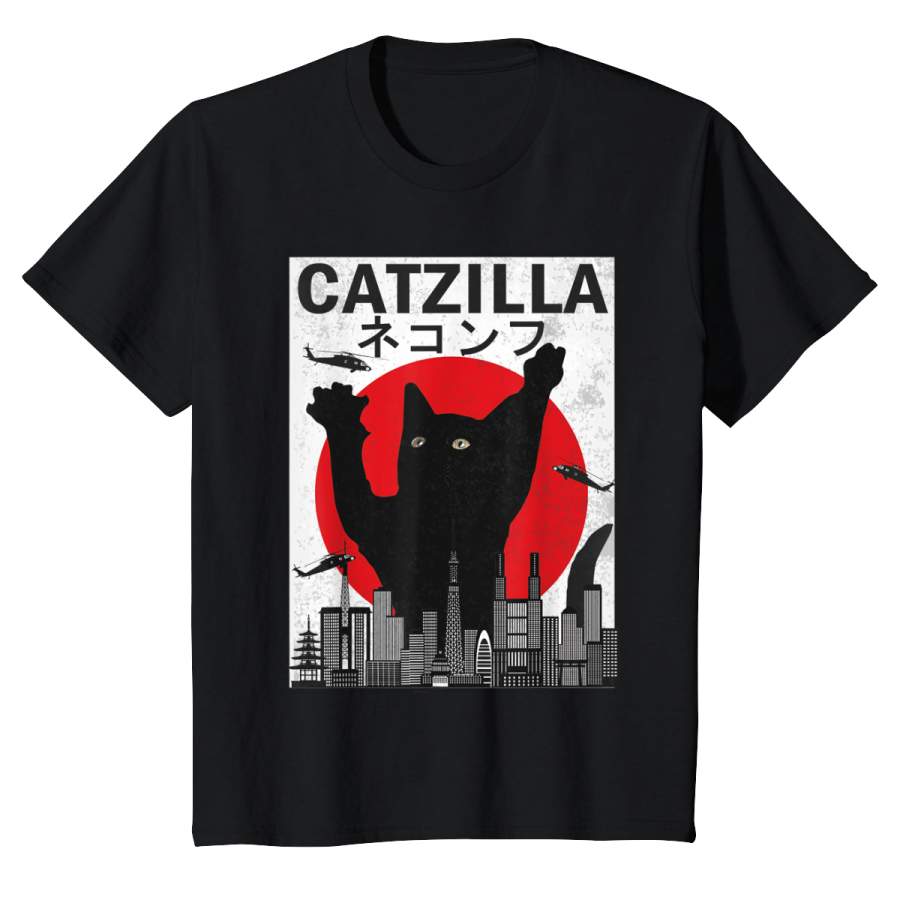 Vintage Catzilla Japanese Sunset Style Cat Kitten Lover Youth T-Shirt