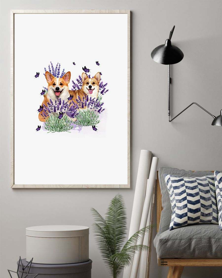 Corgi with lavender flower poster