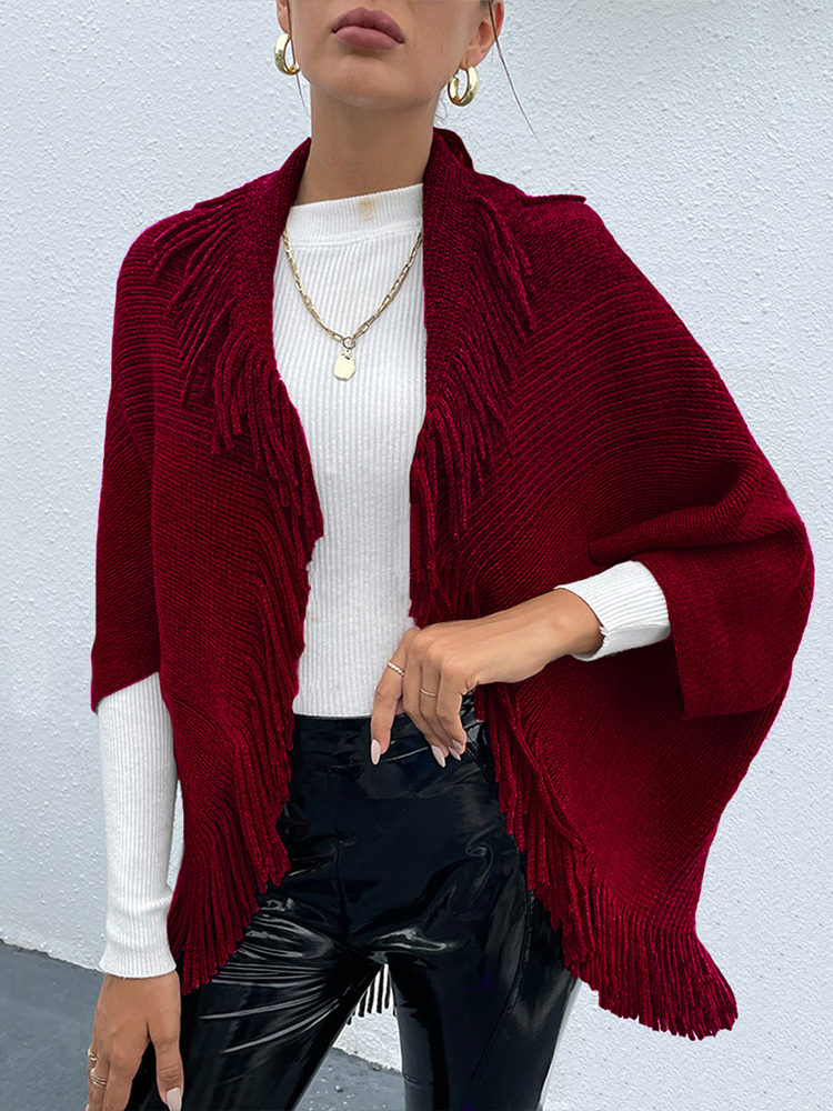 Autumn Women Fringe Poncho Elegant Red Long Cardigan Casual Knitted Jacket Fashion Shawl Loose Streetwear Female 2022 alx