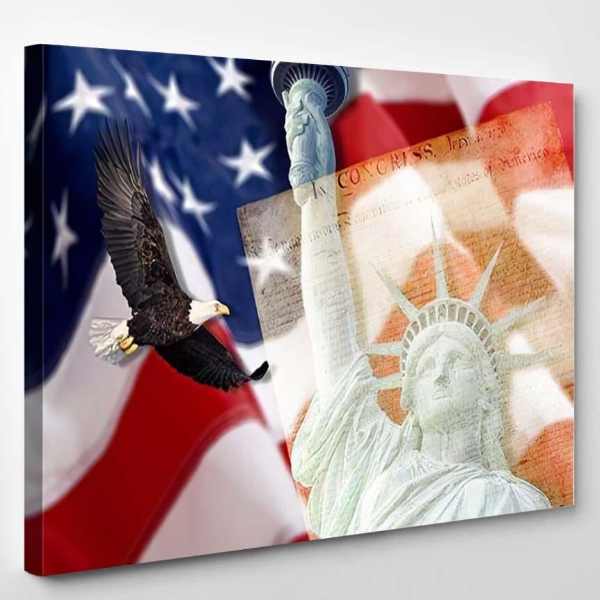 American Flag Flying Bald Eaglestatue Liberty – Eagle Animals Canvas Print