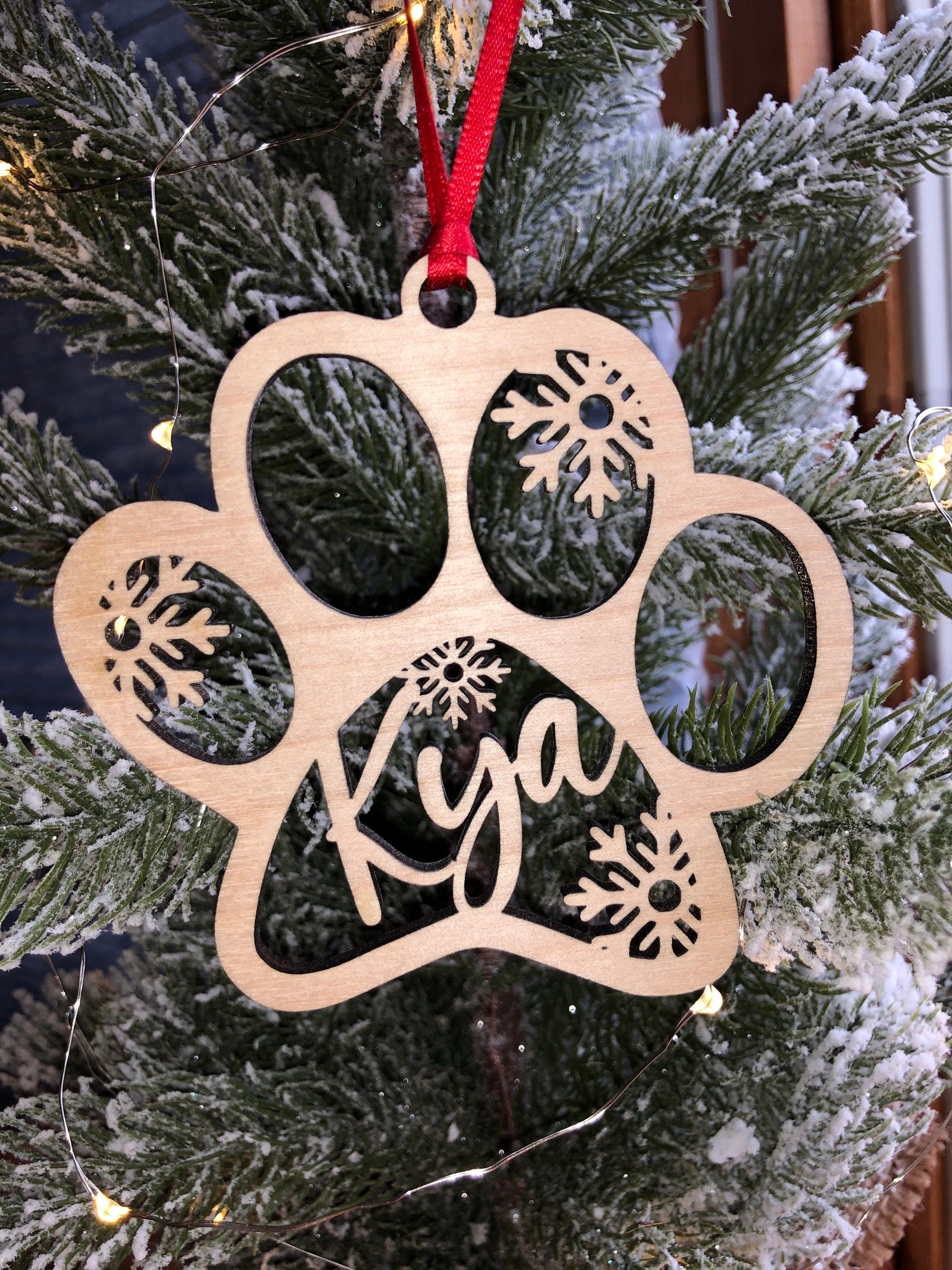 Dog Puppy Cat Kitten Personalized Paw Ornament – Christmas Tree Holiday Gift – Wood, Snowflake, Lasered, Ribbon For Hanging Included