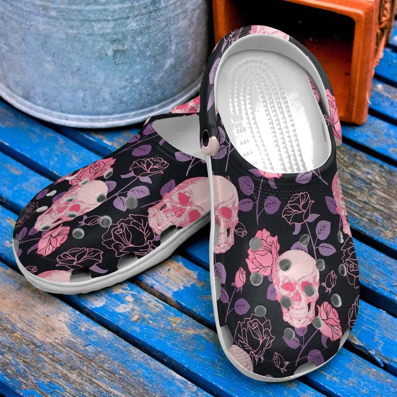 Skull Personalized Clog, Custom Name, Text, Color, Number Fashion Style For Women, Men, Kid, Print 3D Pink Flower Skull