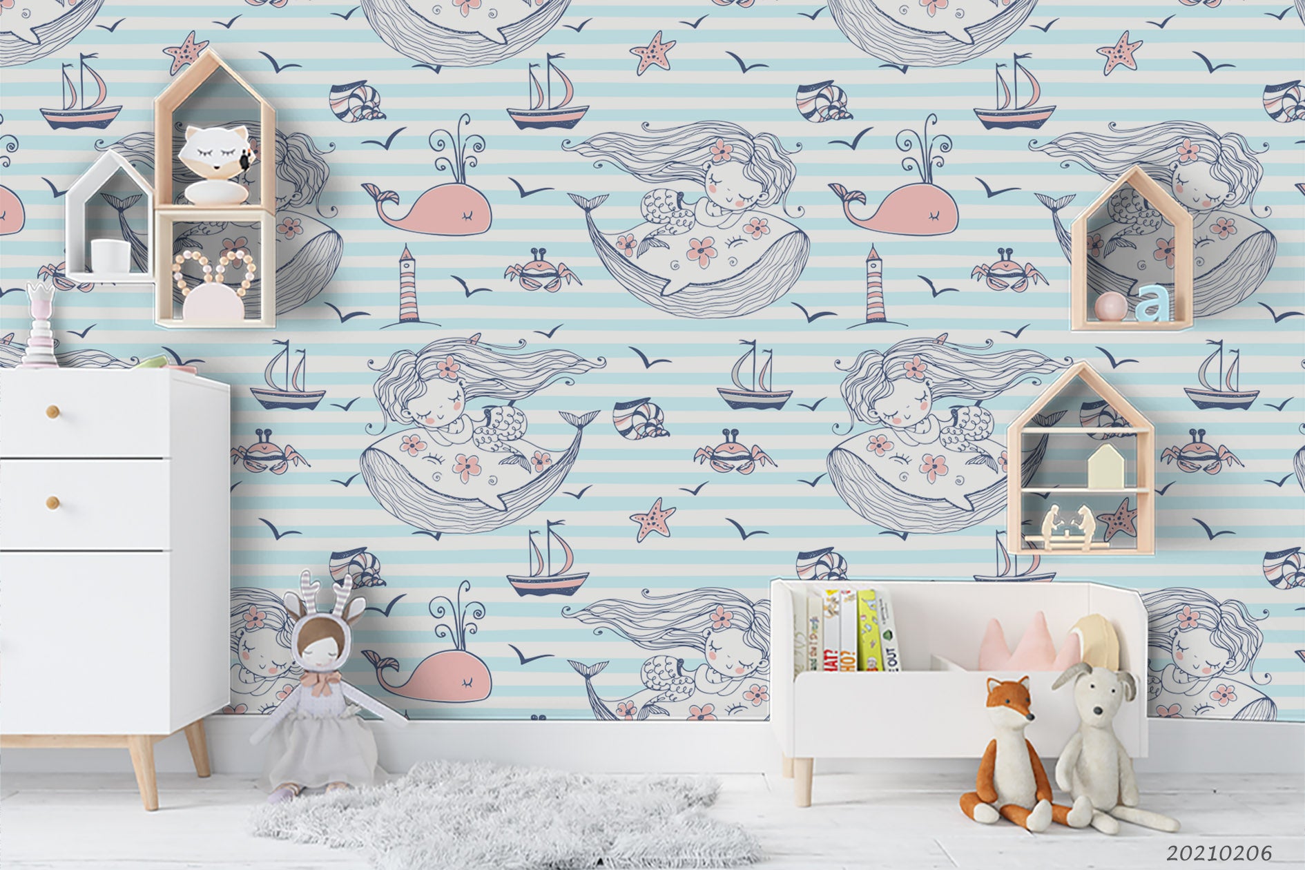 3D Hand Drawn Girl Dolphin Whale Wall Mural Wallpaper Lqh 326