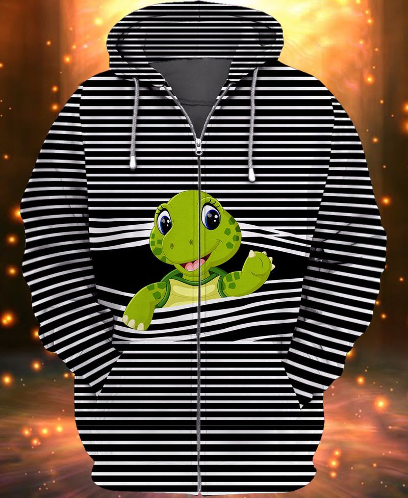 Turtle 3D Full Print On Striped Gift For Animal Lovers 3D Zipper Hoodie