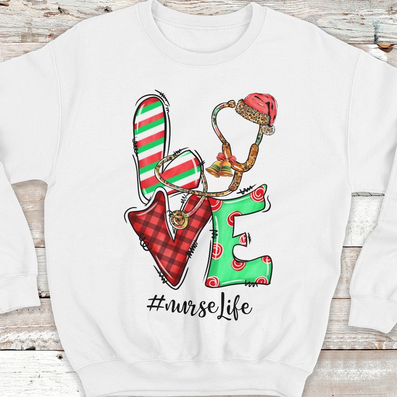 Personalized Sweatshirt & Hoodie For Nurse Love Hashtag Nurse Life Stethoscope Candy Cane & Santa Hat Printed