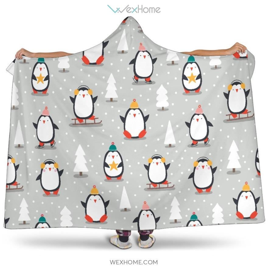 Cute Penguin Christmas Pattern Hooded Blanket