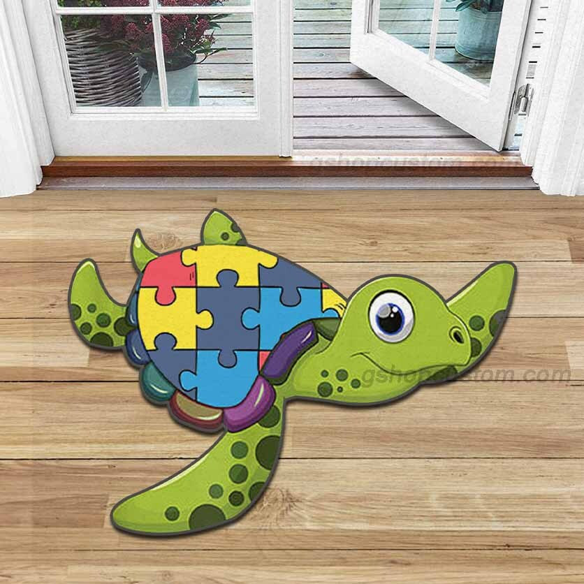 Turtle Puzzle Autism Awareness Shaped Doormat Carpet – Turtle Ocean Beach Lover 3D Rug Doormat Decor Home – Sdm-A0082